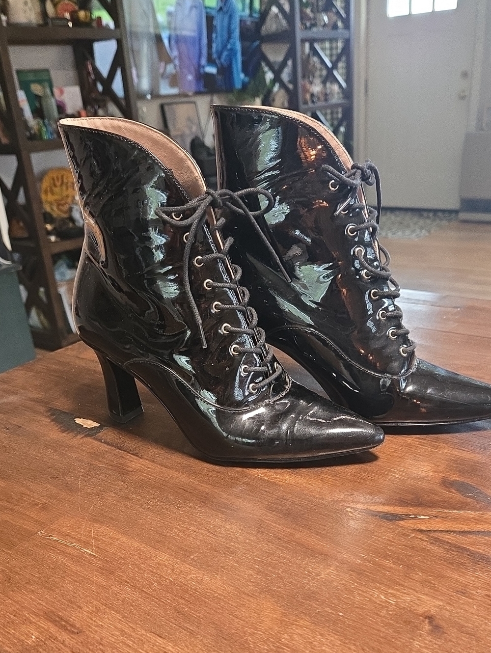 Nine West Size 5 Patent Leather Heeled Point Toe Boots Whismy Goth Versatile